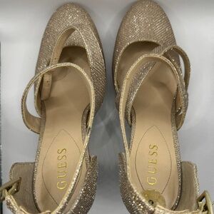 Guess Beige Glitter Platform Block Heel Shoes